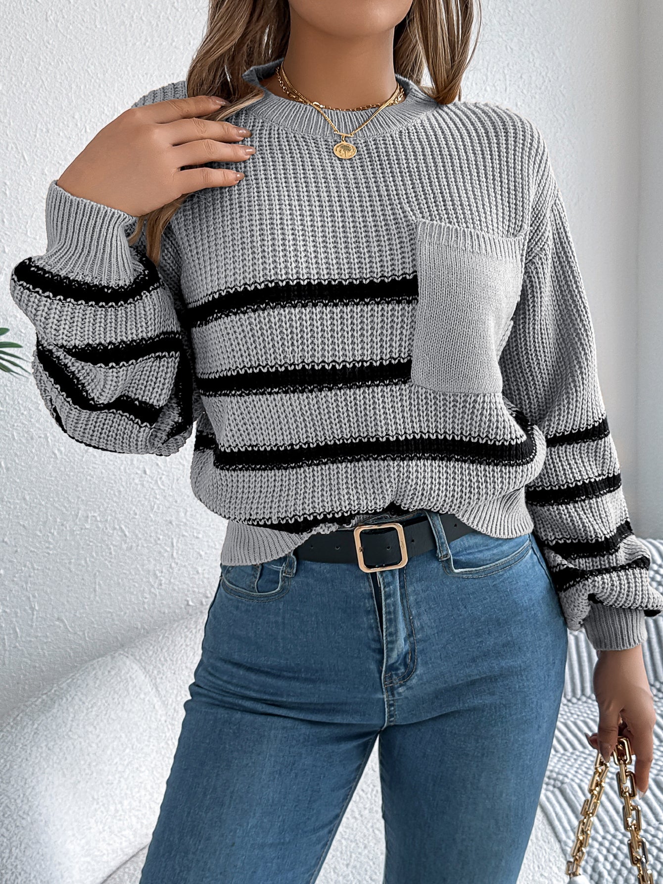 Women Casual Color Block Stripe Lantern Sleeve Pullover Sweater