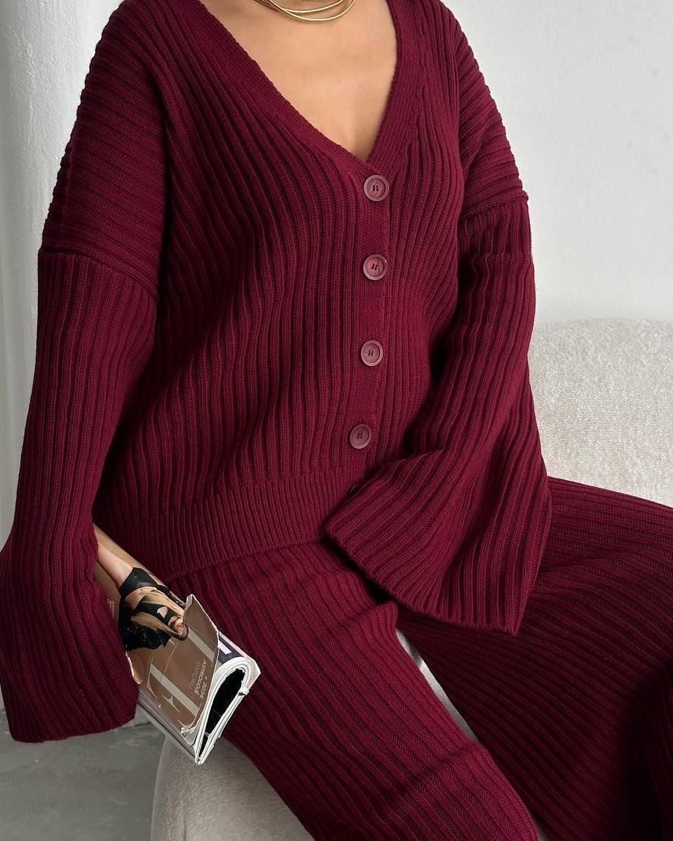Casual Women's Solid Color Long Sleeve Button Cardigan Sweater Pants Set