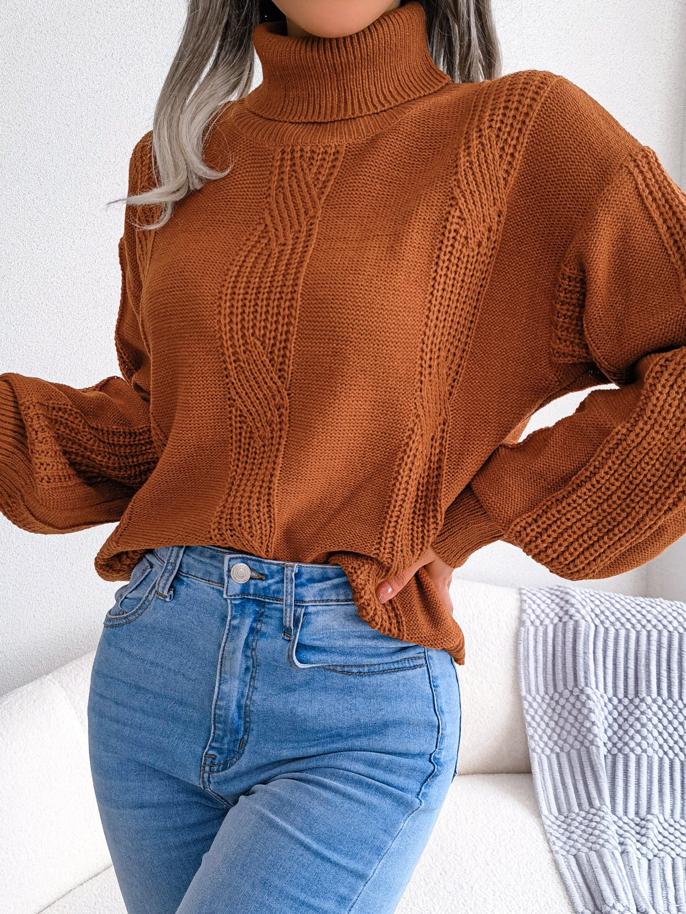 Women Turtleneck Cable Knit Lantern Sleeve Sweater Top