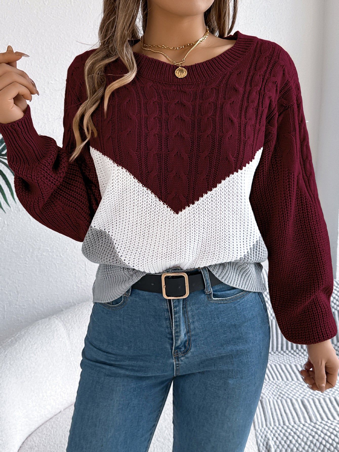 Women Casual Color Block Cable Knit Lantern Sleeve Pullover Sweater