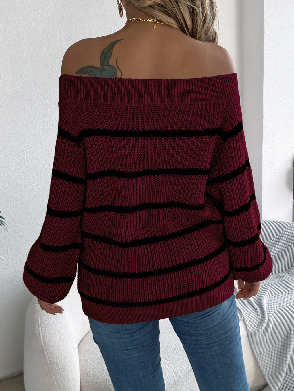 Casual Striped Off-Shoulder Lantern Sleeve Pullover Sweater