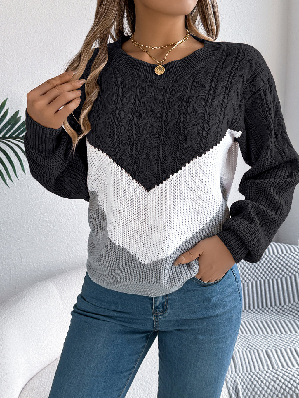 Women Casual Color Block Cable Knit Lantern Sleeve Pullover Sweater