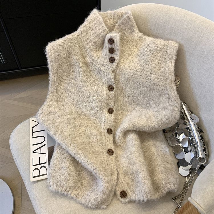 Korean-style Refined High-neck Single-breasted Solid Color Knitted Vest