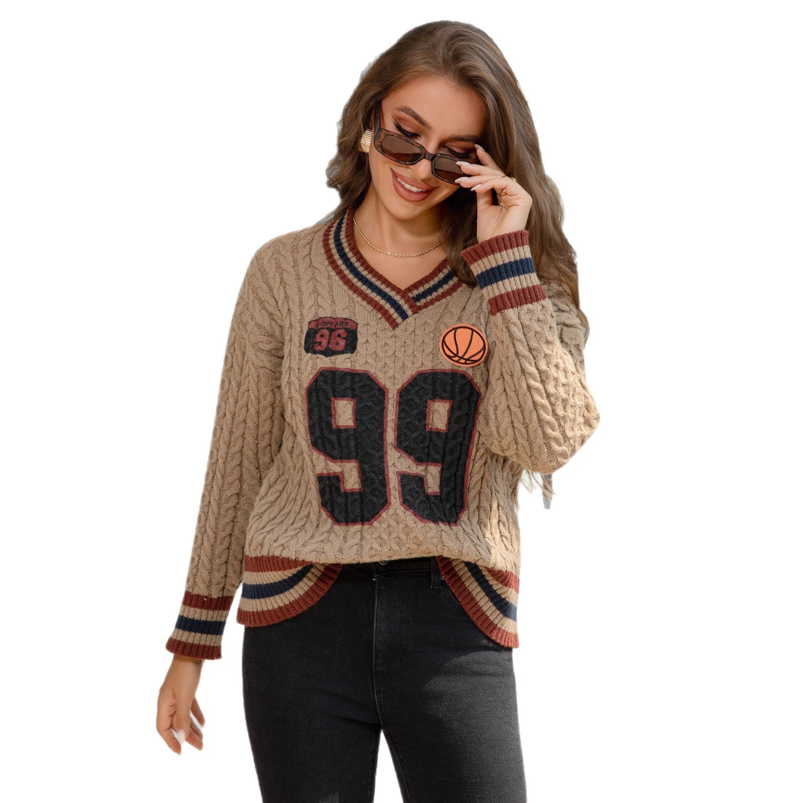Women's Retro Thick Knit Cable V-Neck Pullover Sweater