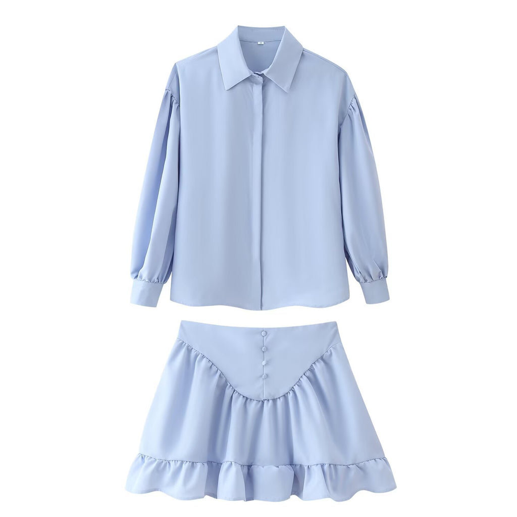 Women's Fashion Simple Lapel Shirt And Flared Skirt Set