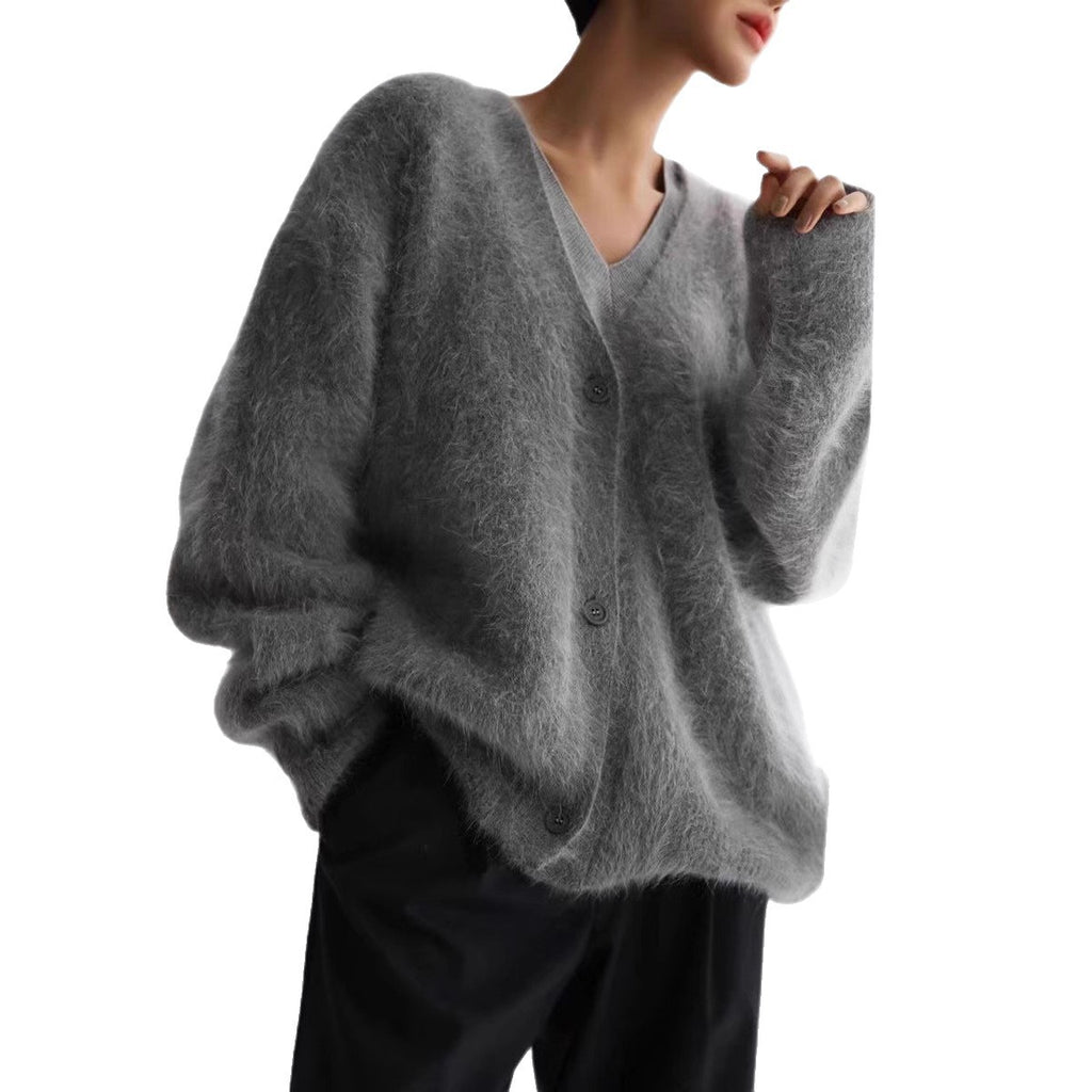 V-neck Faux Mink Fur Sweater Coat Women Fluffy Knitted Cardigan