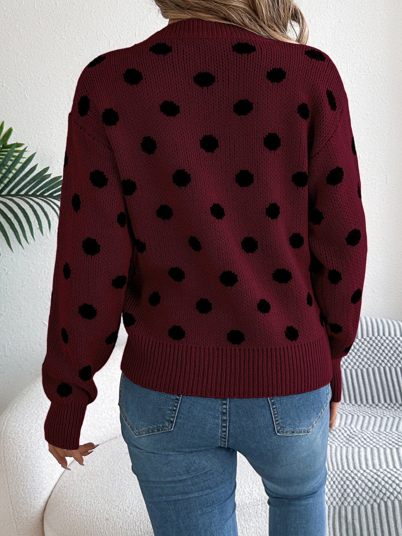 Casual Color Block Polka Dot Long Sleeve Pullover Sweater