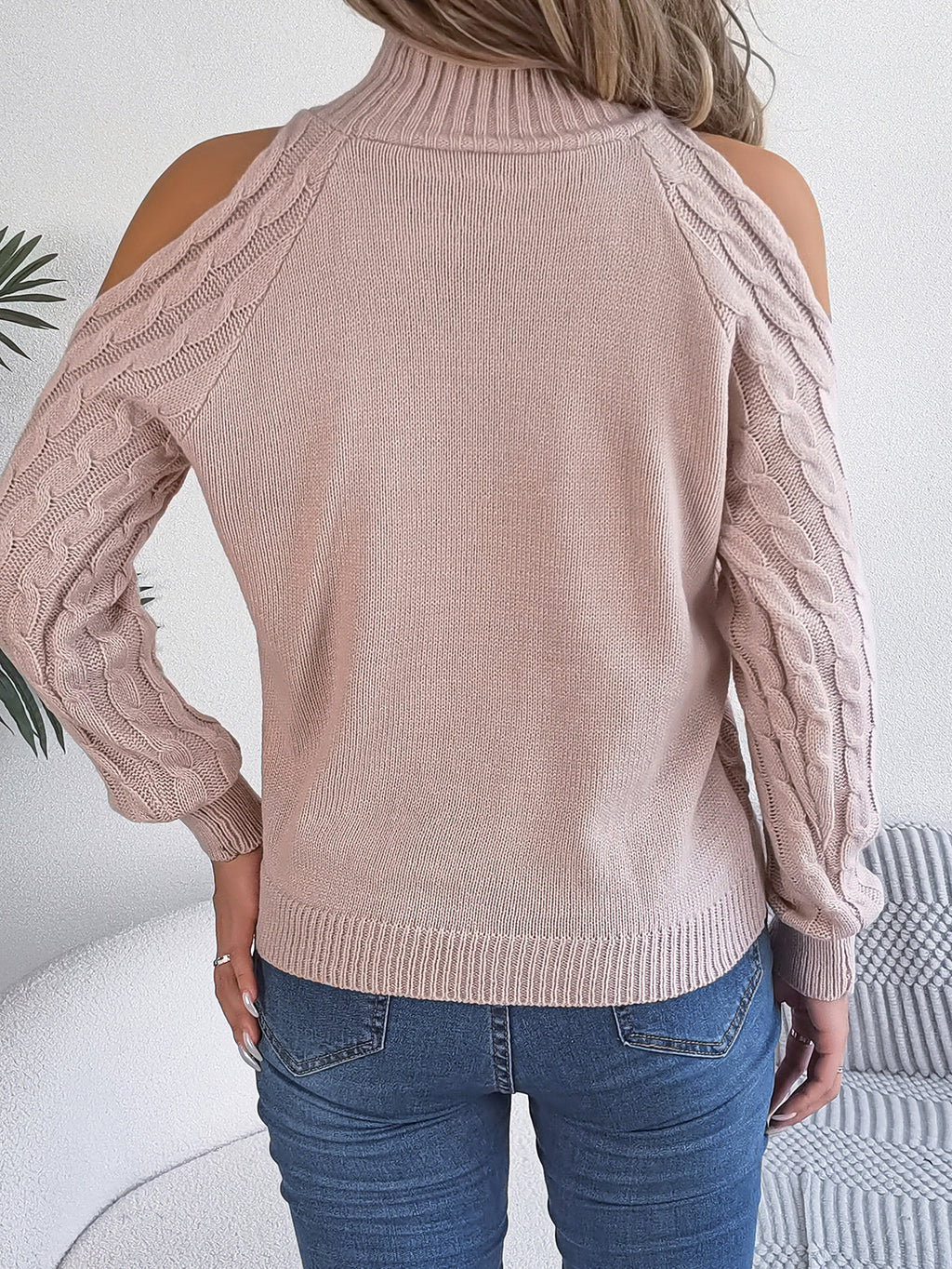 Casual Cable Knit Off-Shoulder Half Turtleneck Long Sleeve Pullover Sweater