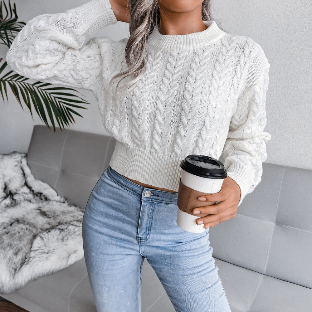 Cable Knit Waist Cinched Cropped Sweater