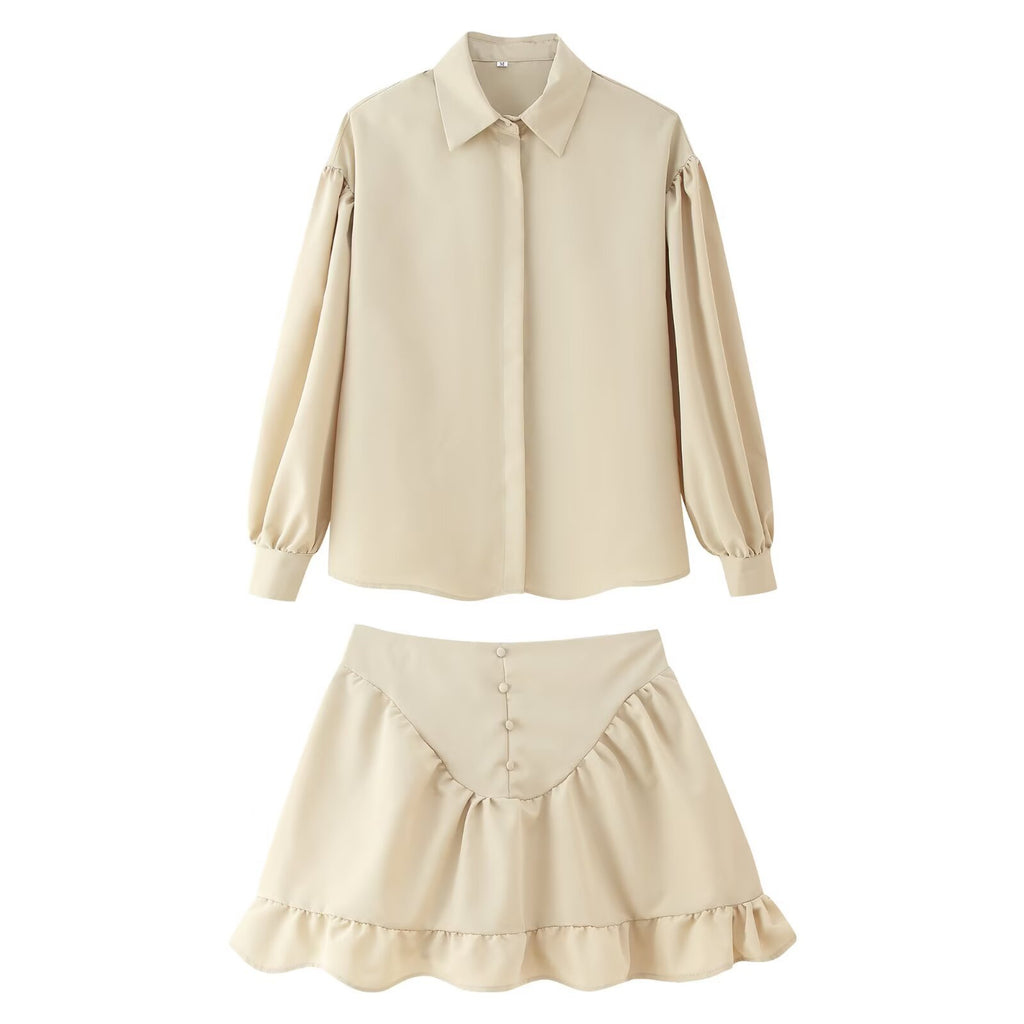 Women's Fashion Simple Lapel Shirt And Flared Skirt Set
