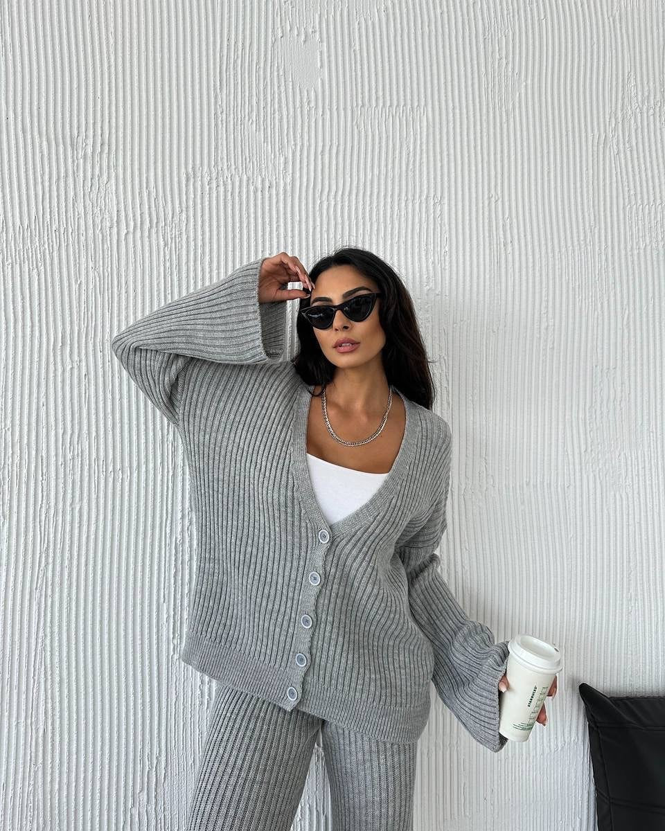Casual Women's Solid Color Long Sleeve Button Cardigan Sweater Pants Set