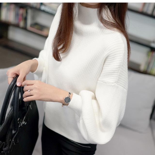 Half-high Collar Short Lantern Sleeve Pullover Sweater Women