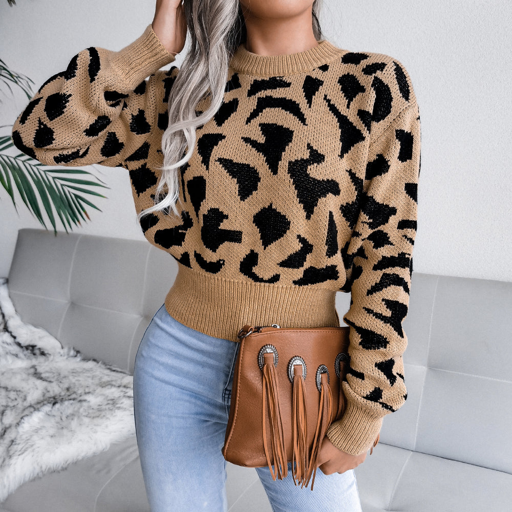 Women Casual Leopard Print Cinched Knit Cropped Sweater
