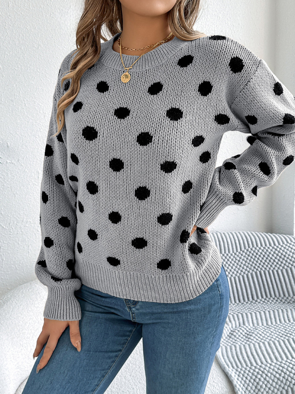 Casual Color Block Polka Dot Long Sleeve Pullover Sweater