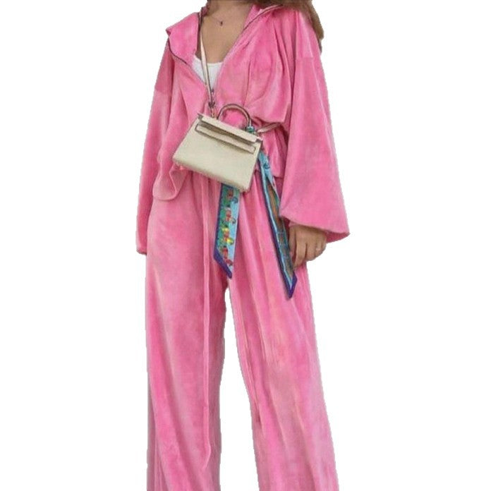 Fashion Velvet Zipper Drawstring Casual Set