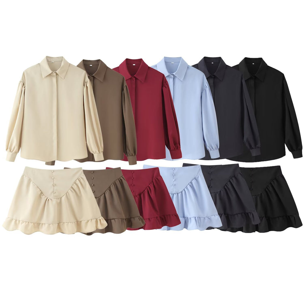 Women's Fashion Simple Lapel Shirt And Flared Skirt Set