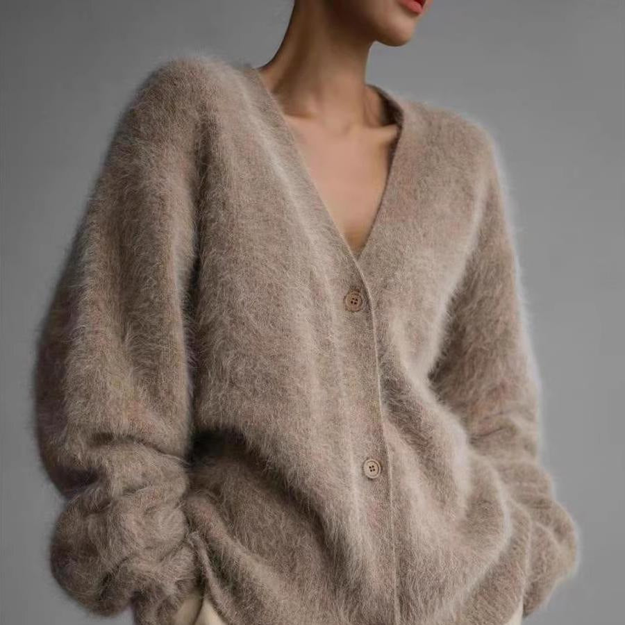 V-neck Faux Mink Fur Sweater Coat Women Fluffy Knitted Cardigan