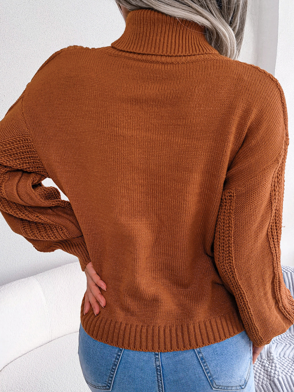 Women Turtleneck Cable Knit Lantern Sleeve Sweater Top
