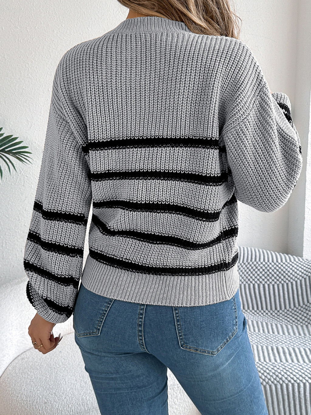 Women Casual Color Block Stripe Lantern Sleeve Pullover Sweater