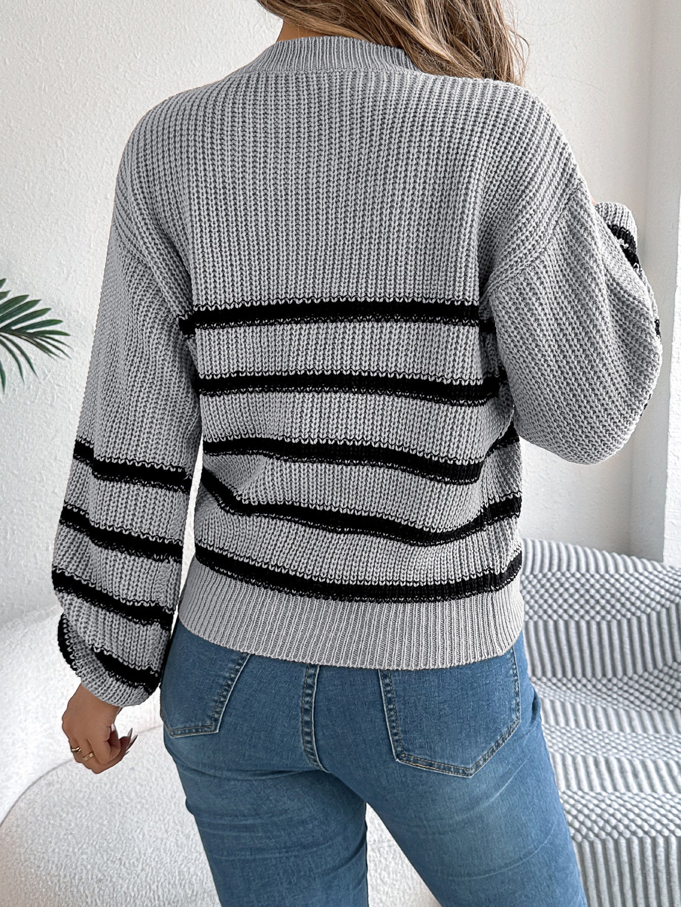 Women Casual Color Block Stripe Lantern Sleeve Pullover Sweater