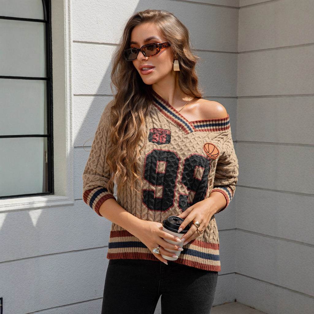 Women's Retro Thick Knit Cable V-Neck Pullover Sweater