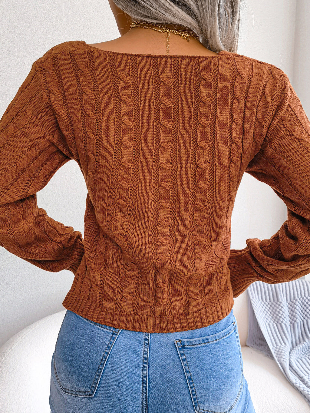 Women Sexy Cross V-Neck Cable Knit Long Sleeve Cropped Sweater