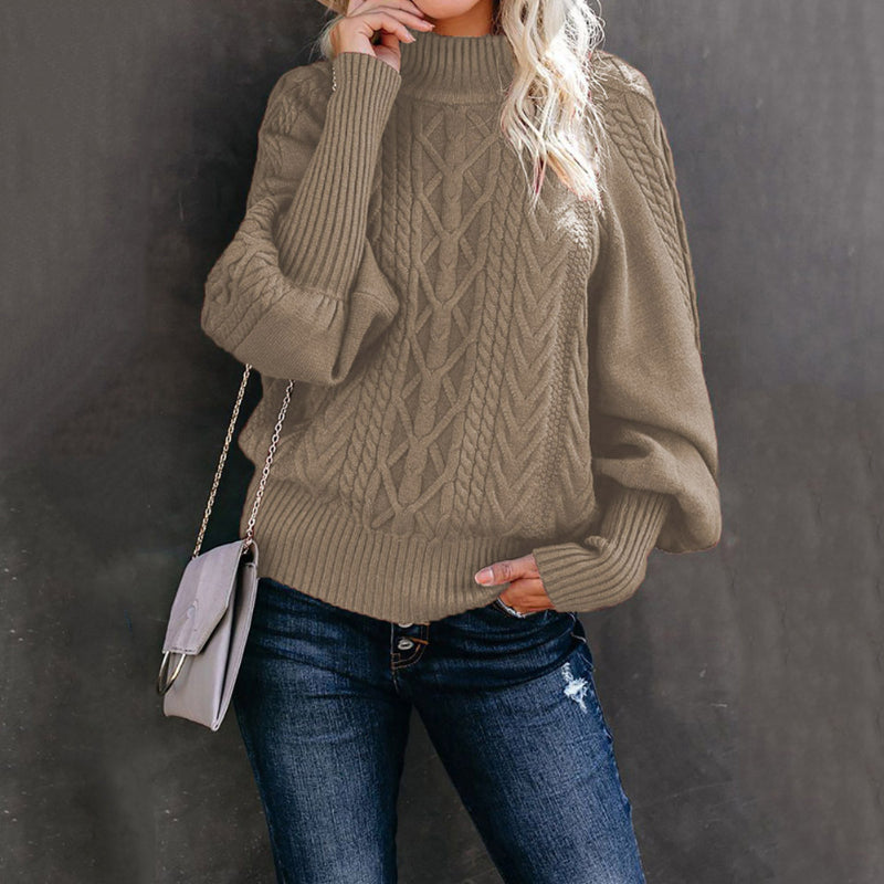 Women's Loose-fitting Long-sleeved Knit Sweater With Mid-neck - Solid Color