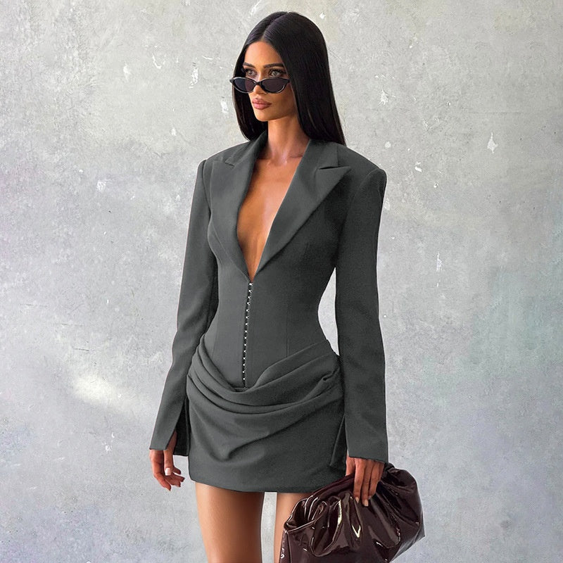 Pure Color Deep V-neck Pleated Mini Waist-cinching Dress For Women