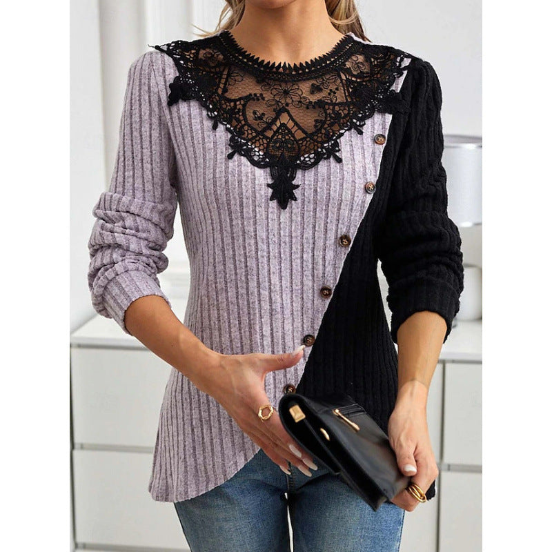 Lace Round Neck Color-blocked Ribbed Cross Hem Long Sleeve Knit T-shirt