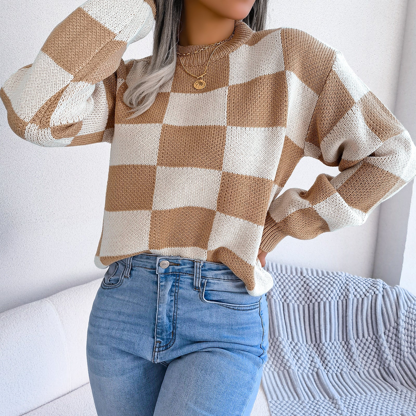 Street Style Color Block Plaid Long Sleeve Pullover Knit Sweater