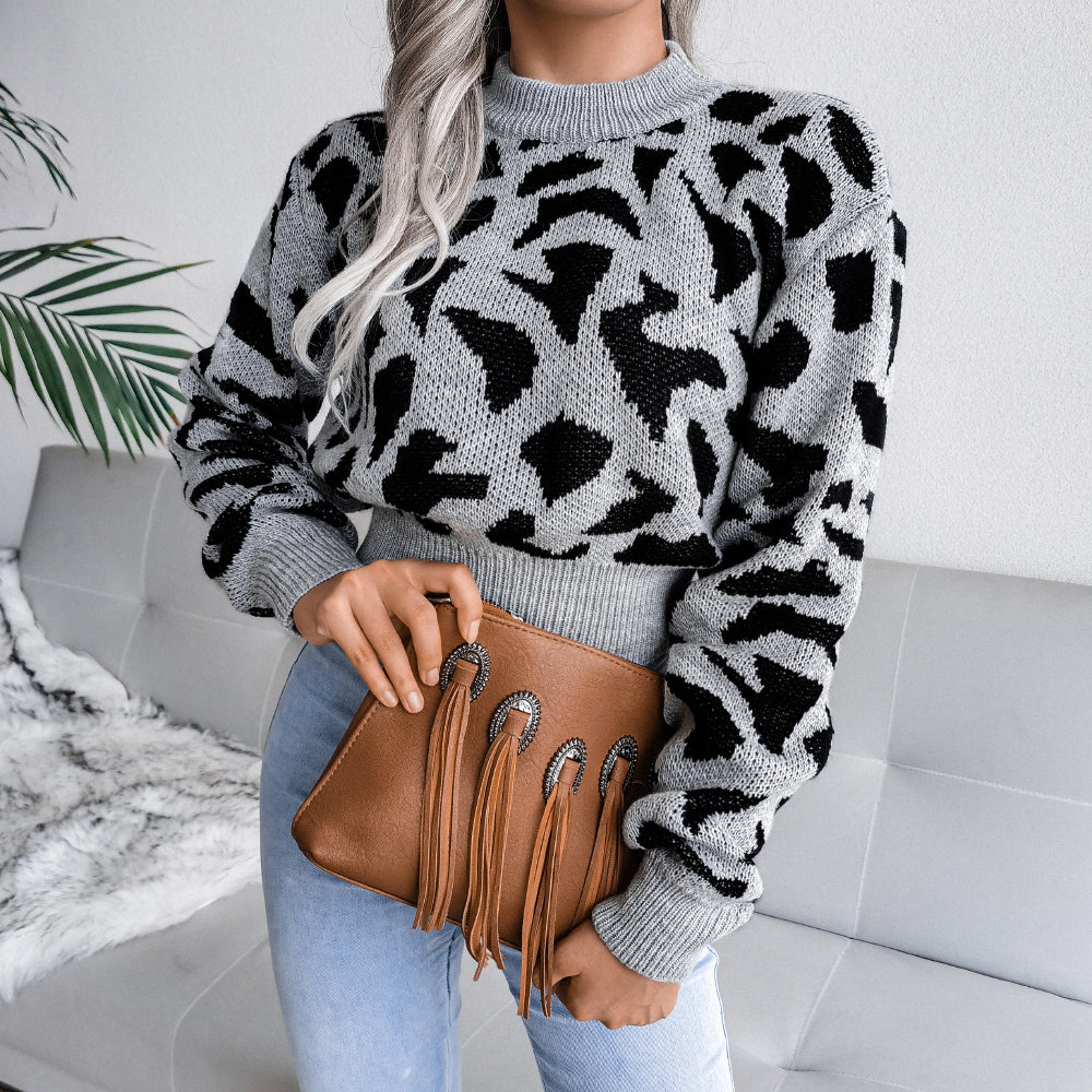 Women Casual Leopard Print Cinched Knit Cropped Sweater