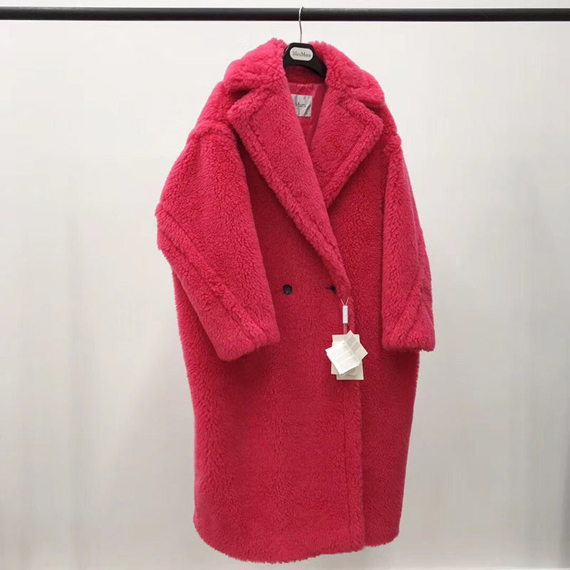 Women's Long Pink Wool Alpaca Fleecefiber Fur Coat