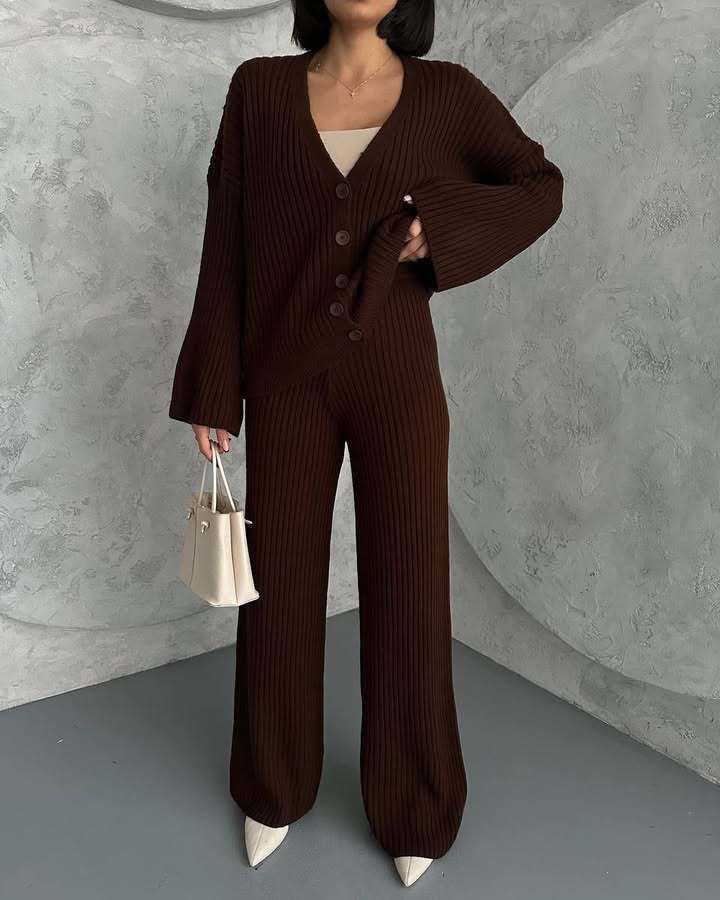 Casual Women's Solid Color Long Sleeve Button Cardigan Sweater Pants Set