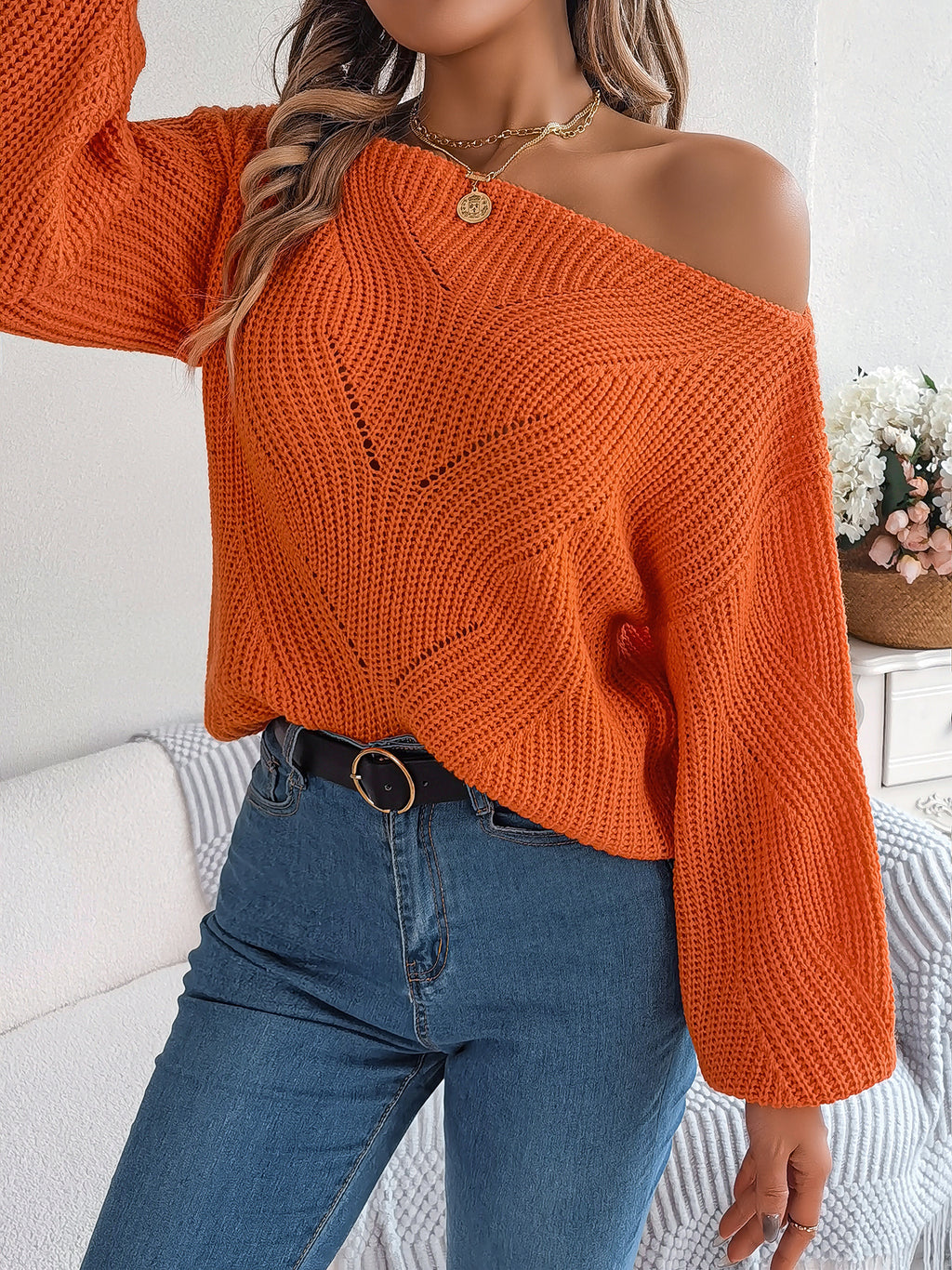 Casual Hollow Out Off-Shoulder Lantern Sleeve Sweater