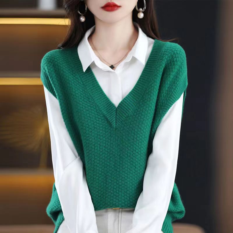Outer Wear V-neck Sleeveless Pullover Sweater Knitted Outerwear Vest