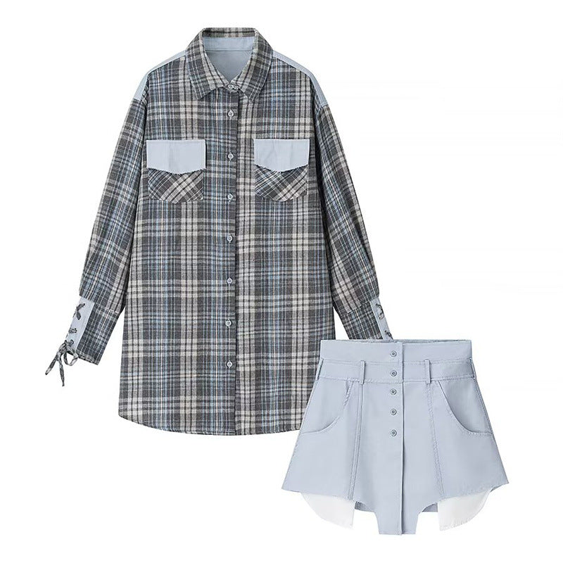 Women's Loose Casual Plaid Shirt Dress Two-Piece Set