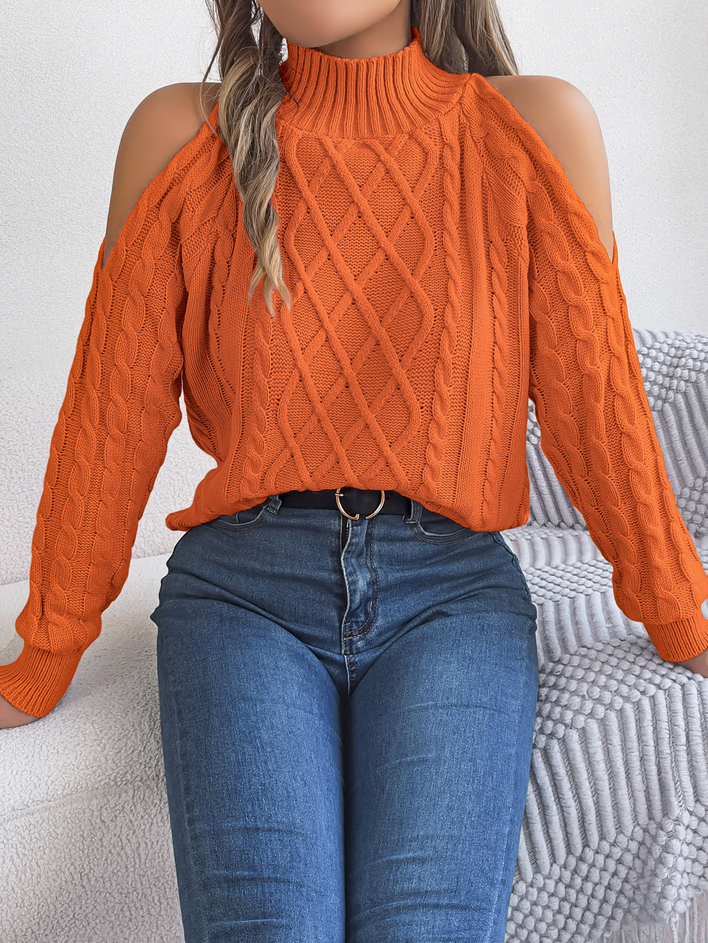 Casual Cable Knit Off-Shoulder Half Turtleneck Long Sleeve Pullover Sweater